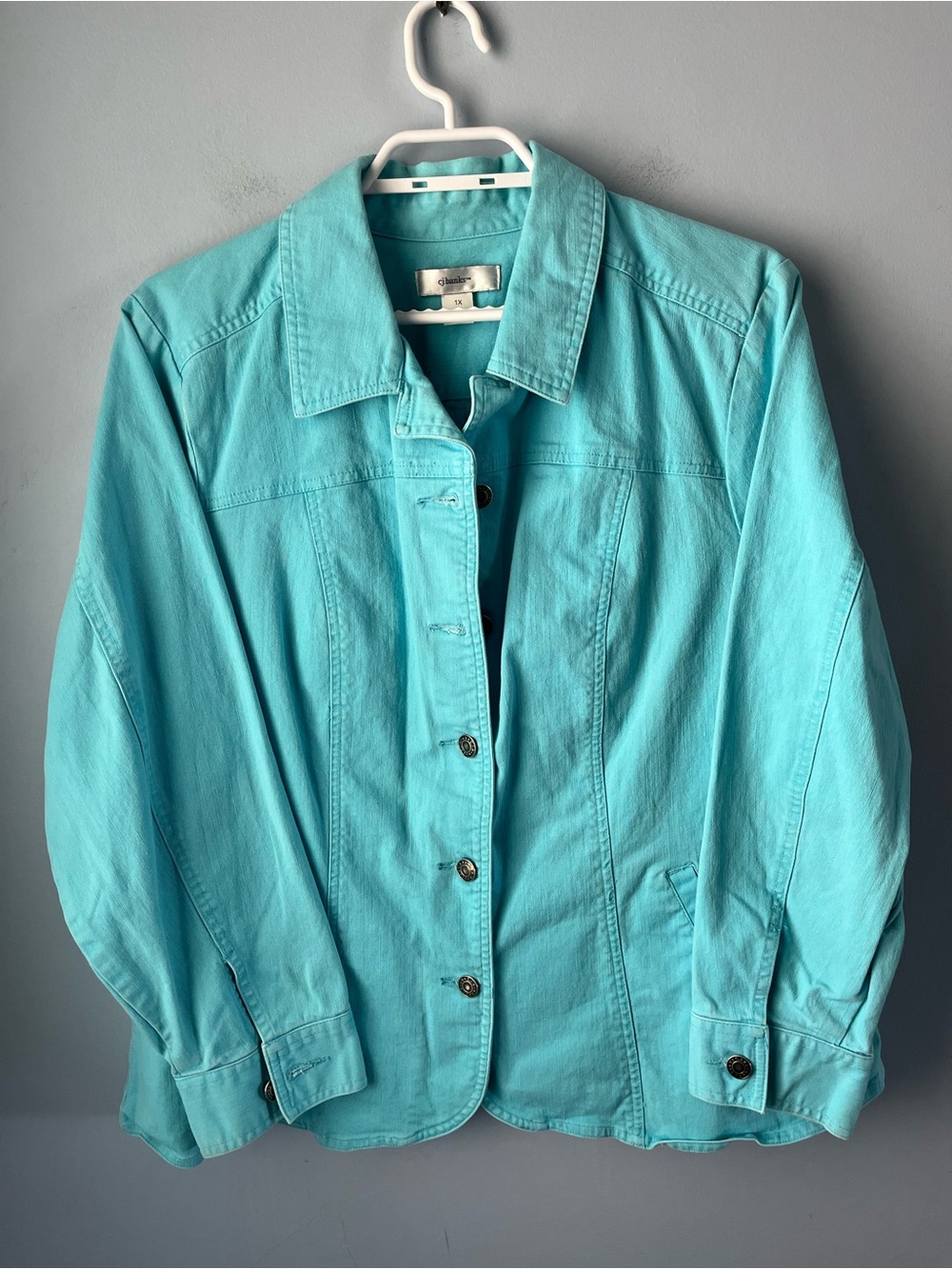 CJ Banks Turquoise Blue Button-Up Denim Style Stretch Cotton Jacket Size 1X